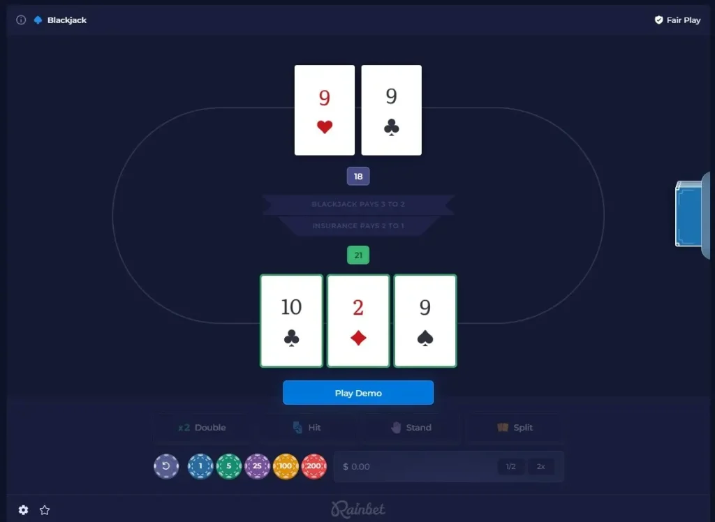 Online blackjack table with dealer and player hands