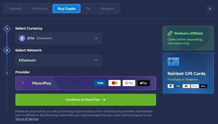 Buying cryptocurrency with a card inside the casino cashier