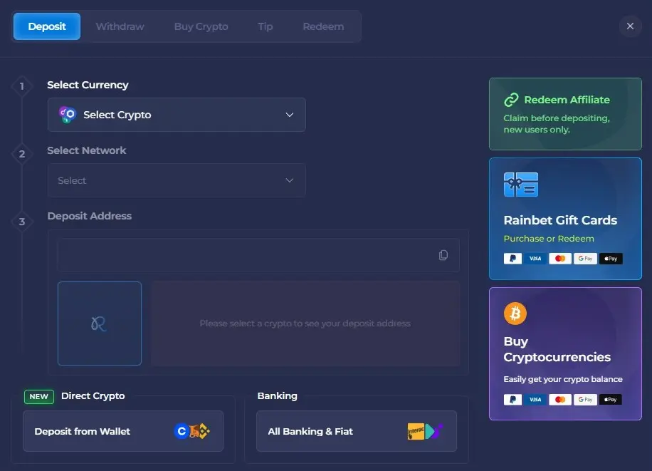 Crypto casino deposit screen with address and QR code
