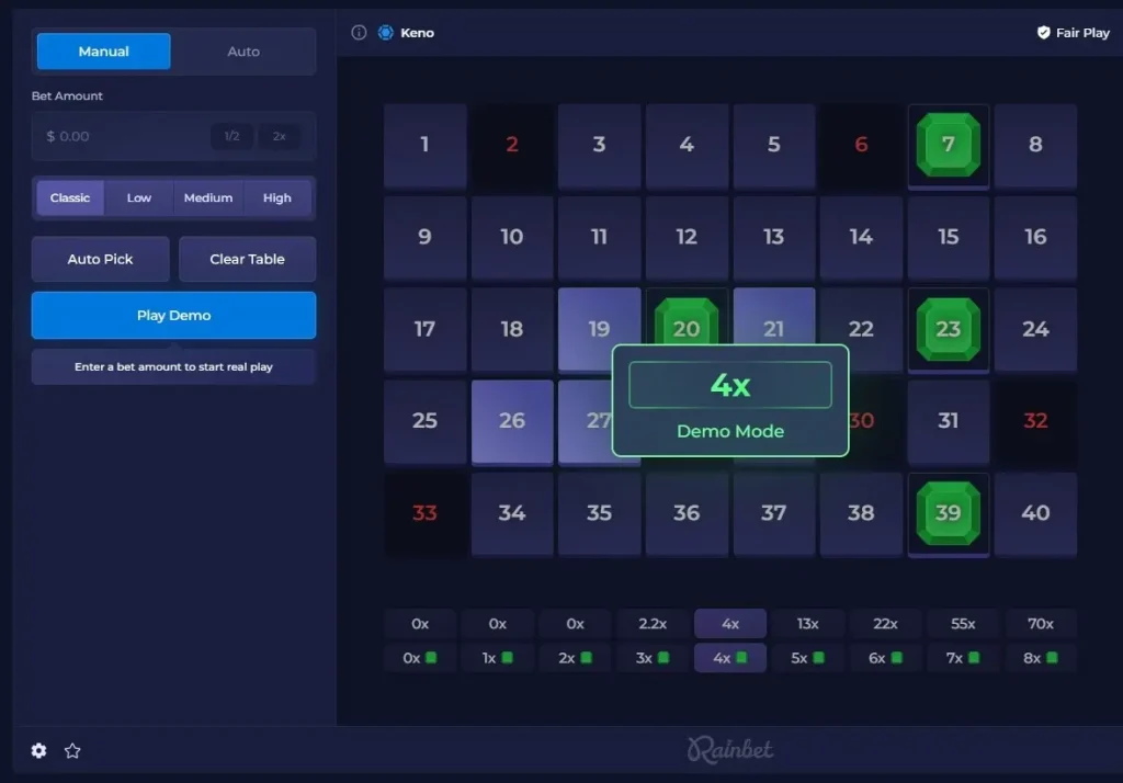 Keno number grid with selections and draw results