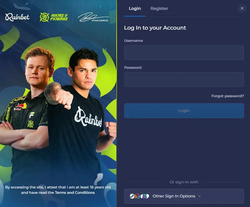 Crypto casino login screen