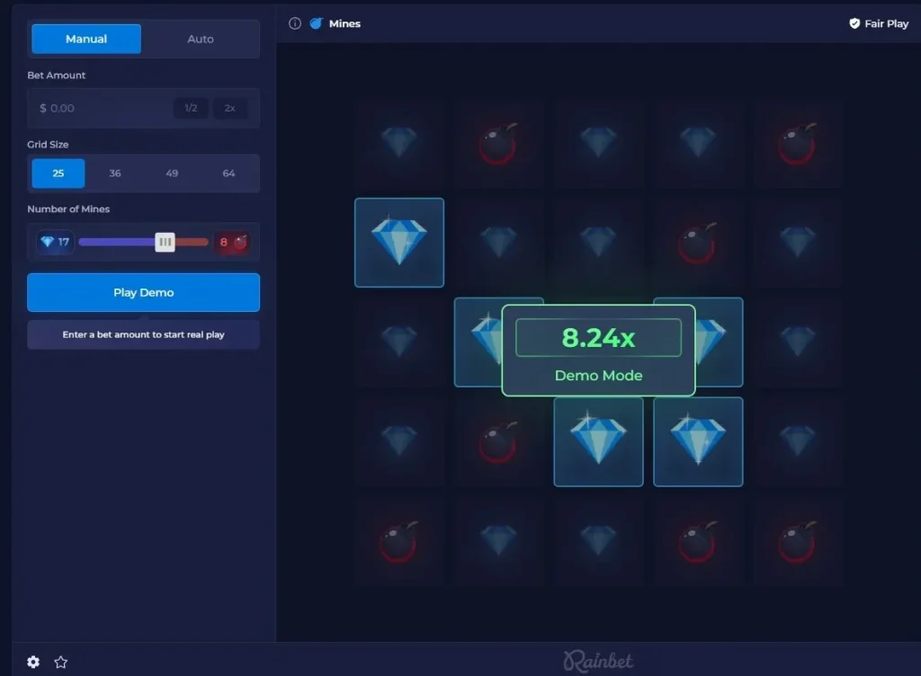 Mines grid with revealed tiles and multiplier