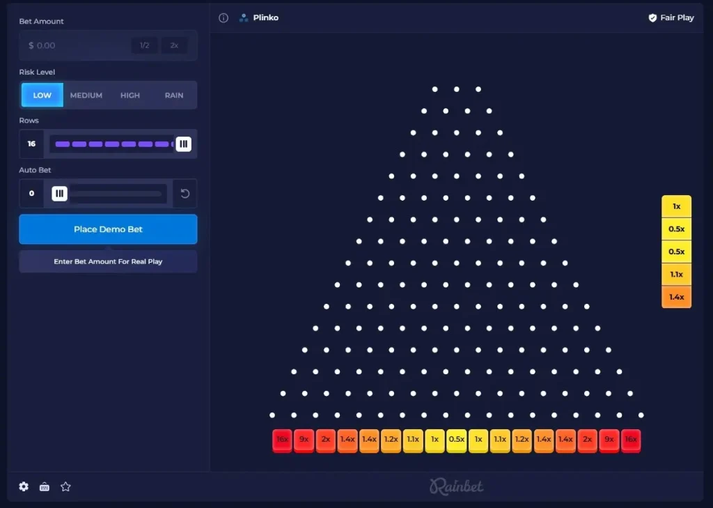 Plinko board with pegs and payout slots