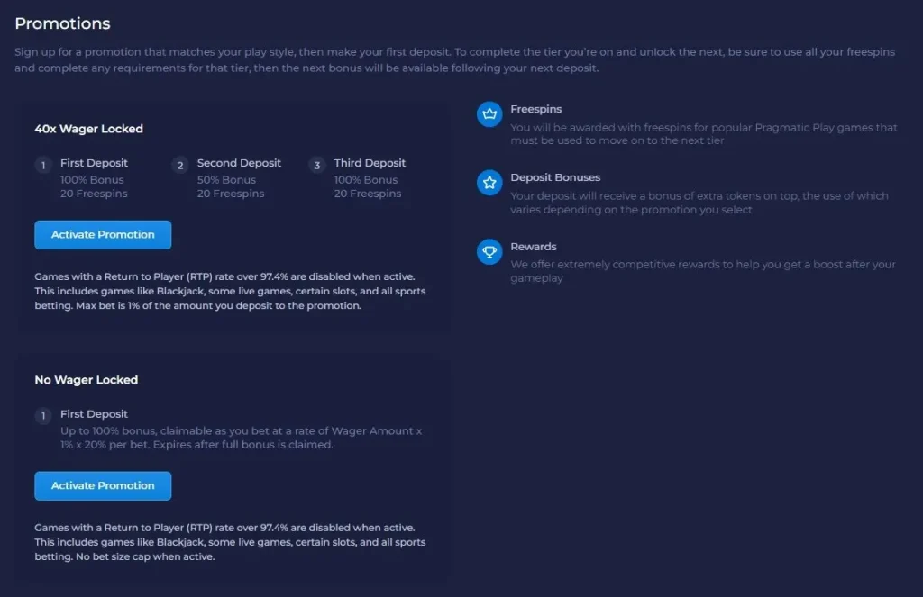 Crypto casino promotions page with active offers