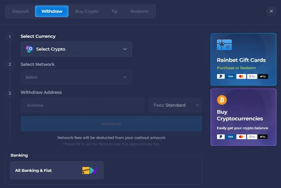 Crypto casino withdrawal screen